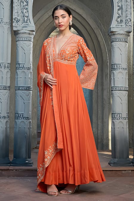 Buy_Priyanka Jain_Rust Crepe Pearls, Sequins, Embroidery V-neck Anarkali Set With Dupatta _Online_at_Aza_Fashions