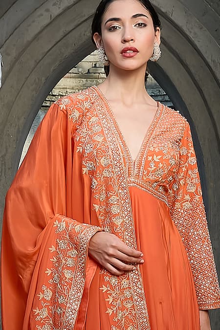 Priyanka Jain_Rust Crepe Pearls, Sequins, Embroidery V-neck Anarkali Set With Dupatta _at_Aza_Fashions