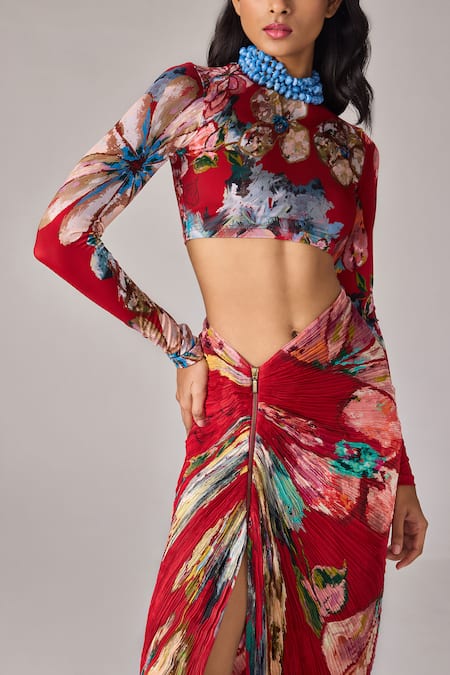 Saaksha & Kinni Red Lycra Boat Neck Floral Print Long Sleeve Blouse Online at Aza Fashions Saaksha & Kinni_Red Lycra Boat Neck Floral Print Long Sleeve Blouse _Online_at_Aza_Fashions