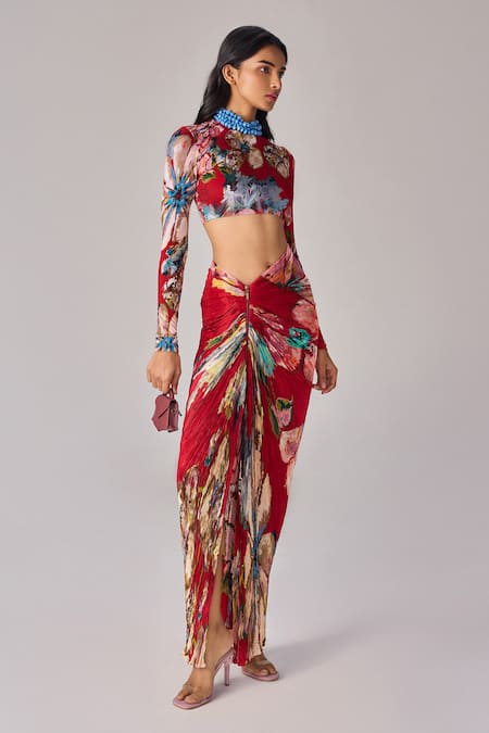 Shop Saaksha & Kinni Red Lycra Boat Neck Floral Print Long Sleeve Blouse at Aza Fashions Shop_Saaksha & Kinni_Red Lycra Boat Neck Floral Print Long Sleeve Blouse _at_Aza_Fashions