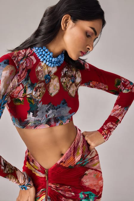 Buy Saaksha & Kinni Red Lycra Boat Neck Floral Print Long Sleeve Blouse Online at Aza Fashions Buy_Saaksha & Kinni_Red Lycra Boat Neck Floral Print Long Sleeve Blouse _Online_at_Aza_Fashions