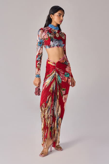 Shop_Saaksha & Kinni_Red Chiffon, Polyester Floral Print Gigi Skirt _at_Aza_Fashions