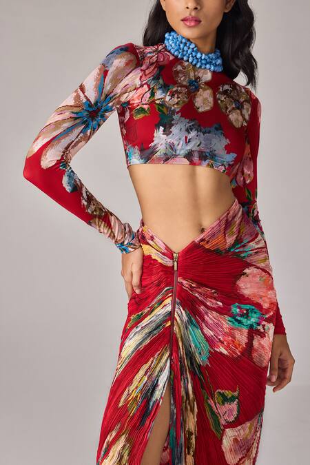 Saaksha & Kinni_Red Chiffon, Polyester Floral Print Gigi Skirt _Online_at_Aza_Fashions