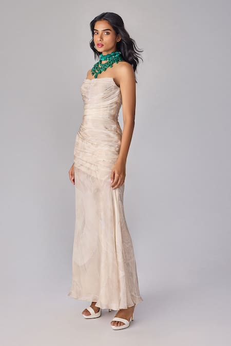 Saaksha & Kinni_Ivory Chiffon Open Neck Floral Print Corset Style Maxi Dress _Online_at_Aza_Fashions