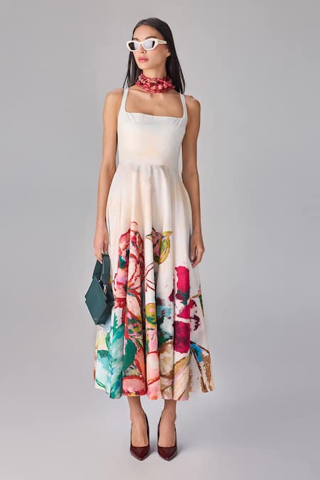 Saaksha & Kinni_Ivory Poplin Square Neck Abstract Floral Print Midi Dress _Online_at_Aza_Fashions