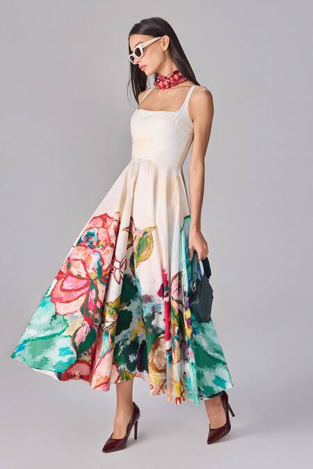 Shop_Saaksha & Kinni_Ivory Poplin Square Neck Abstract Floral Print Midi Dress _Online_at_Aza_Fashions