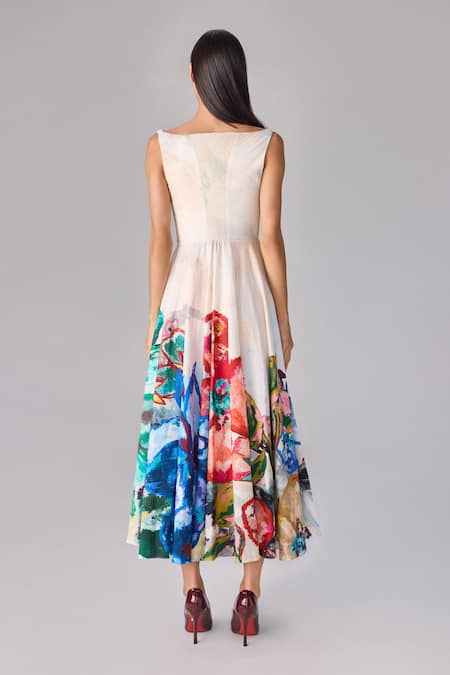 Shop_Saaksha & Kinni_Ivory Poplin Square Neck Abstract Floral Print Midi Dress _at_Aza_Fashions