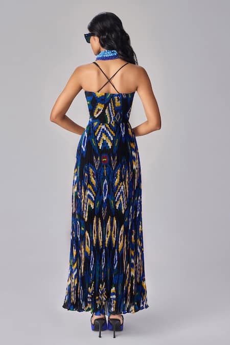 Shop_Saaksha & Kinni_Blue Chiffon Sweetheart Neck Aztec Print Hand Micro Pleat Maxi Dress _at_Aza_Fashions