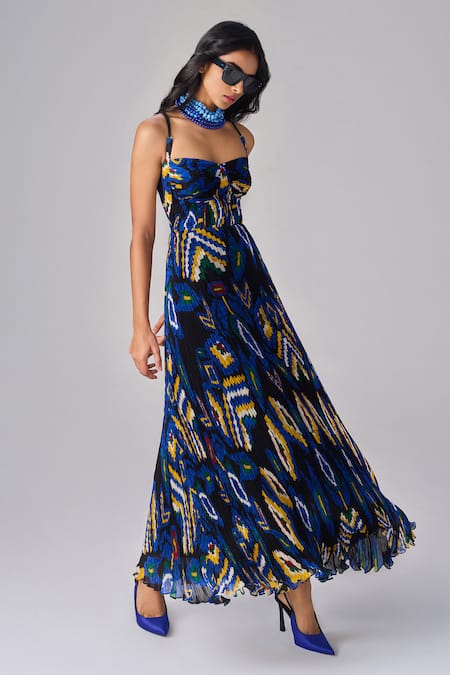 Saaksha & Kinni_Blue Chiffon Sweetheart Neck Aztec Print Hand Micro Pleat Maxi Dress _Online_at_Aza_Fashions