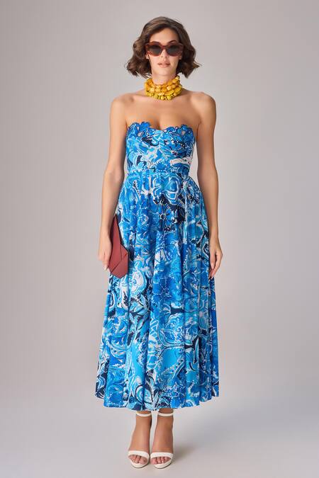 Saaksha & Kinni_Blue Cotton Embroidery Off-shoulder Abstract Floral Print Strapless Midi Dress _Online_at_Aza_Fashions