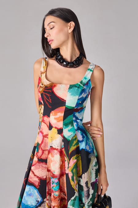 Saaksha & Kinni Multi Color Poplin Square Neck Floral Print Midi Flared Dress Online at Aza Fashions Saaksha & Kinni_Multi Color Poplin Square Neck Floral Print Midi Flared Dress _Online_at_Aza_Fashions