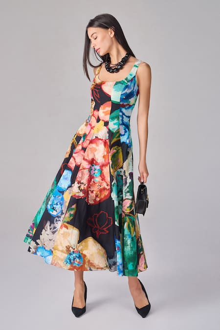 Shop Saaksha & Kinni Multi Color Poplin Square Neck Floral Print Midi Flared Dress at Aza Fashions Shop_Saaksha & Kinni_Multi Color Poplin Square Neck Floral Print Midi Flared Dress _at_Aza_Fashions