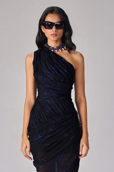 Buy Saaksha & Kinni Black Chiffon Asymmetric Floral Print Midi Dress Online at Aza Fashions Buy_Saaksha & Kinni_Black Chiffon Asymmetric Floral Print Midi Dress _Online_at_Aza_Fashions