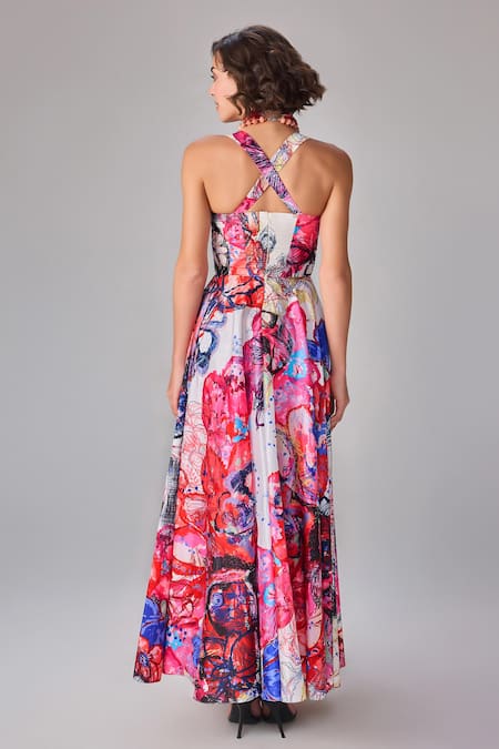 Shop Saaksha & Kinni Multi Color Taffeta Sweetheart Neck Floral Print Maxi Dress at Aza Fashions Shop_Saaksha & Kinni_Multi Color Taffeta Sweetheart Neck Floral Print Maxi Dress _at_Aza_Fashions