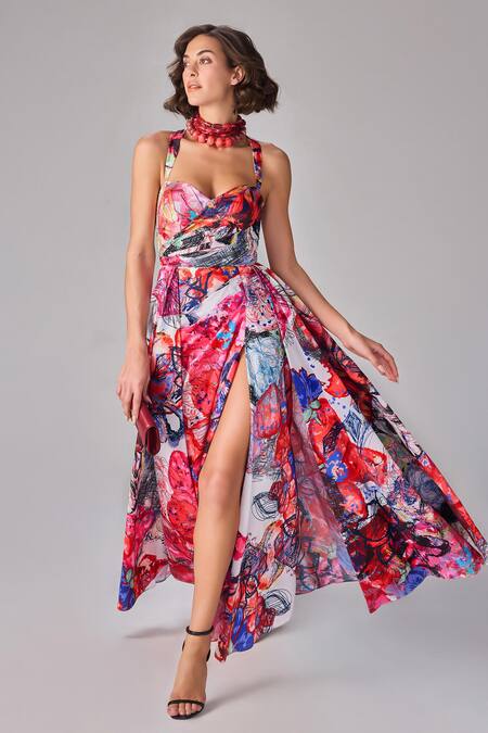 Saaksha & Kinni Multi Color Taffeta Sweetheart Neck Floral Print Maxi Dress Online at Aza Fashions Saaksha & Kinni_Multi Color Taffeta Sweetheart Neck Floral Print Maxi Dress _Online_at_Aza_Fashions