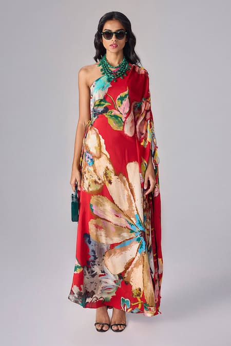 Saaksha & Kinni_Red Crepe Tassels One Shoulder Floral Print Asymmetrical Kaftan _Online_at_Aza_Fashions