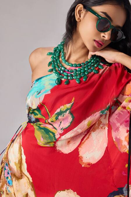 Buy_Saaksha & Kinni_Red Crepe Tassels One Shoulder Floral Print Asymmetrical Kaftan _Online_at_Aza_Fashions