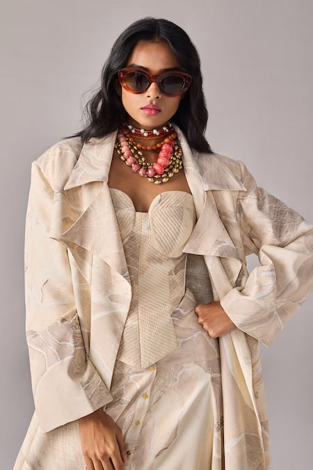 Saaksha & Kinni_Ivory Crepe Abstract Floral Oversize Trench Coat _Online_at_Aza_Fashions