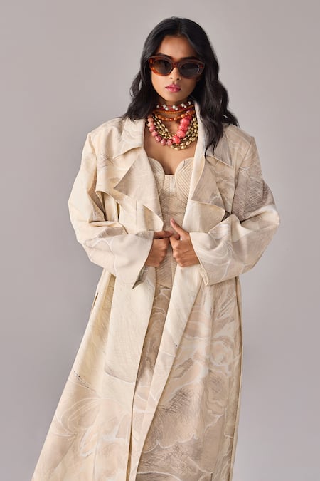 Buy_Saaksha & Kinni_Ivory Crepe Abstract Floral Oversize Trench Coat _Online_at_Aza_Fashions