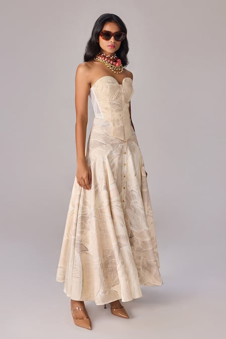 Saaksha & Kinni_Ivory Crepe Sweetheart Neck Abstract Floral Print Strapless Corset _Online_at_Aza_Fashions