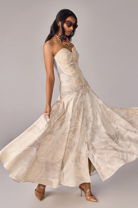 Shop_Saaksha & Kinni_Ivory Crepe Sweetheart Neck Abstract Floral Print Strapless Corset _Online_at_Aza_Fashions