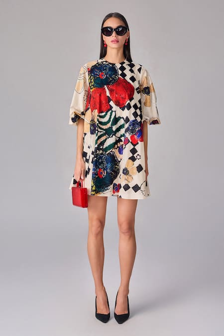 Saaksha & Kinni_Multi Color Cotton Embroidery Round Neck Floral Abstract Print Shift Dress _Online_at_Aza_Fashions