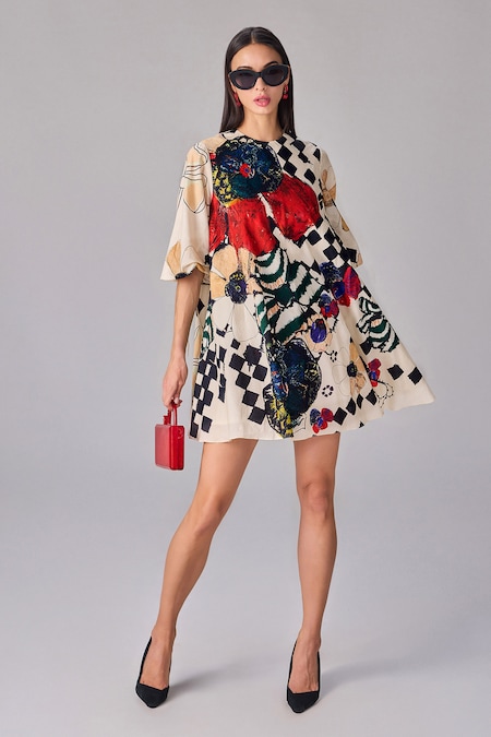Saaksha & Kinni Multi Color Cotton Embroidery Round Neck Floral Abstract Print Shift Dress 