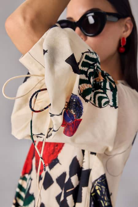 Buy_Saaksha & Kinni_Multi Color Cotton Embroidery Round Neck Floral Abstract Print Shift Dress _Online_at_Aza_Fashions