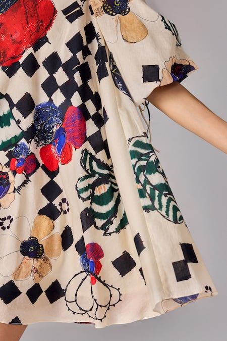Shop_Saaksha & Kinni_Multi Color Cotton Embroidery Round Neck Floral Abstract Print Shift Dress _Online_at_Aza_Fashions