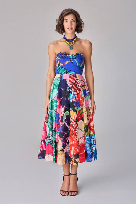 Saaksha & Kinni Multi Color Poplin Embroidery Off-shoulder Floral Print Pleated Midi Dress Online at Aza Fashions Saaksha & Kinni_Multi Color Poplin Embroidery Off-shoulder Floral Print Pleated Midi Dress _Online_at_Aza_Fashions