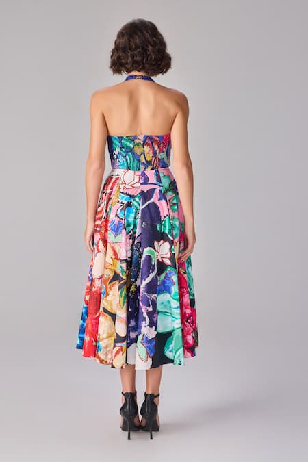 Shop Saaksha & Kinni Multi Color Poplin Embroidery Off-shoulder Floral Print Pleated Midi Dress at Aza Fashions Shop_Saaksha & Kinni_Multi Color Poplin Embroidery Off-shoulder Floral Print Pleated Midi Dress _at_Aza_Fashions
