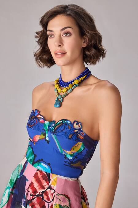 Buy Saaksha & Kinni Multi Color Poplin Embroidery Off-shoulder Floral Print Pleated Midi Dress Online at Aza Fashions Buy_Saaksha & Kinni_Multi Color Poplin Embroidery Off-shoulder Floral Print Pleated Midi Dress _Online_at_Aza_Fashions