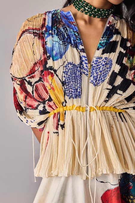 Buy Saaksha & Kinni Multi Color Cotton, Silk Open Neck Floral Print Hand Micro Pleat Blouse Online at Aza Fashions Buy_Saaksha & Kinni_Multi Color Cotton, Silk Open Neck Floral Print Hand Micro Pleat Blouse _Online_at_Aza_Fashions