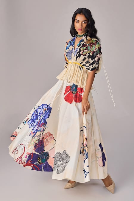 Shop Saaksha & Kinni Multi Color Cotton, Silk Open Neck Floral Print Hand Micro Pleat Blouse Online at Aza Fashions Shop_Saaksha & Kinni_Multi Color Cotton, Silk Open Neck Floral Print Hand Micro Pleat Blouse _Online_at_Aza_Fashions