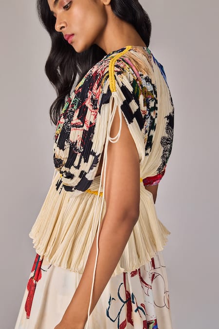 Saaksha & Kinni Multi Color Cotton, Silk Open Neck Floral Print Hand Micro Pleat Blouse at Aza Fashions Saaksha & Kinni_Multi Color Cotton, Silk Open Neck Floral Print Hand Micro Pleat Blouse _at_Aza_Fashions