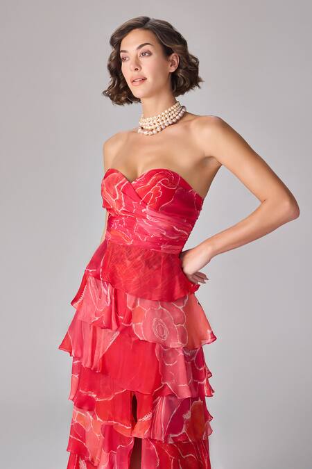 Buy_Saaksha & Kinni_Red Chiffon Sweetheart Neck Abstract Floral Maxi Dress _Online_at_Aza_Fashions