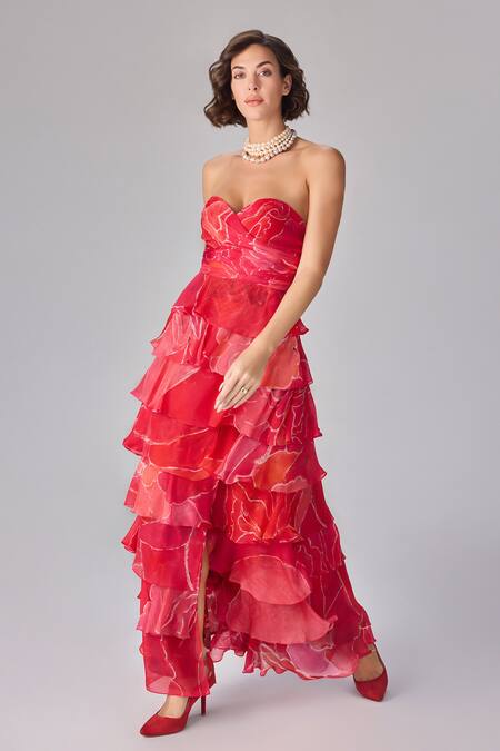 Shop_Saaksha & Kinni_Red Chiffon Sweetheart Neck Abstract Floral Maxi Dress _Online_at_Aza_Fashions