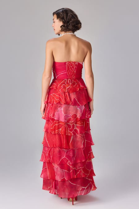 Saaksha & Kinni_Red Chiffon Sweetheart Neck Abstract Floral Maxi Dress _Online_at_Aza_Fashions