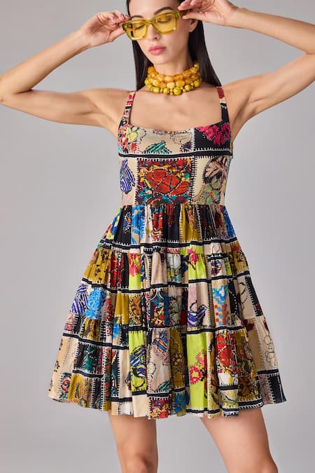 Saaksha & Kinni Multi Color Cotton Square Neck Abstract Patchwork Mini Dress Online at Aza Fashions Saaksha & Kinni_Multi Color Cotton Square Neck Abstract Patchwork Mini Dress _Online_at_Aza_Fashions