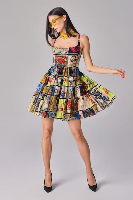 Shop Saaksha & Kinni Multi Color Cotton Square Neck Abstract Patchwork Mini Dress Online at Aza Fashions Shop_Saaksha & Kinni_Multi Color Cotton Square Neck Abstract Patchwork Mini Dress _Online_at_Aza_Fashions