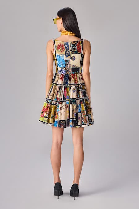 Shop Saaksha & Kinni Multi Color Cotton Square Neck Abstract Patchwork Mini Dress at Aza Fashions Shop_Saaksha & Kinni_Multi Color Cotton Square Neck Abstract Patchwork Mini Dress _at_Aza_Fashions