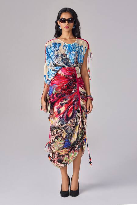 Saaksha & Kinni_Multi Color Cotton Tassels Round Neck Abstract Floral Print Kaftan Midi Dress _Online_at_Aza_Fashions