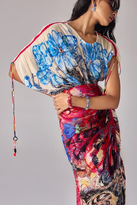 Buy_Saaksha & Kinni_Multi Color Cotton Tassels Round Neck Abstract Floral Print Kaftan Midi Dress _Online_at_Aza_Fashions