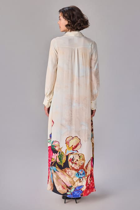 Shop Saaksha & Kinni Multi Color Crepe Collared Floral Print Buttoned Down Maxi Dress at Aza Fashions Shop_Saaksha & Kinni_Multi Color Crepe Collared Floral Print Buttoned Down Maxi Dress _at_Aza_Fashions