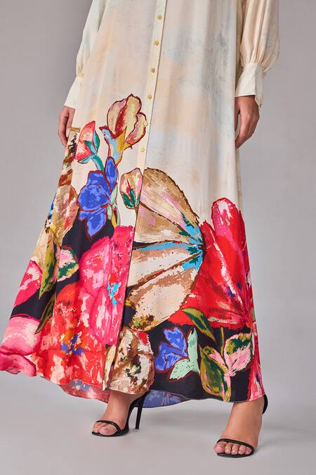 Buy Saaksha & Kinni Multi Color Crepe Collared Floral Print Buttoned Down Maxi Dress Online at Aza Fashions Buy_Saaksha & Kinni_Multi Color Crepe Collared Floral Print Buttoned Down Maxi Dress _Online_at_Aza_Fashions
