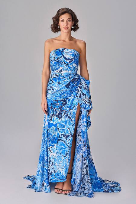Shop Saaksha & Kinni Blue Chiffon, Silk Off-shoulder Abstract Floral Print Strapless Maxi Dress Online at Aza Fashions Shop_Saaksha & Kinni_Blue Chiffon, Silk Off-shoulder Abstract Floral Print Strapless Maxi Dress _Online_at_Aza_Fashions