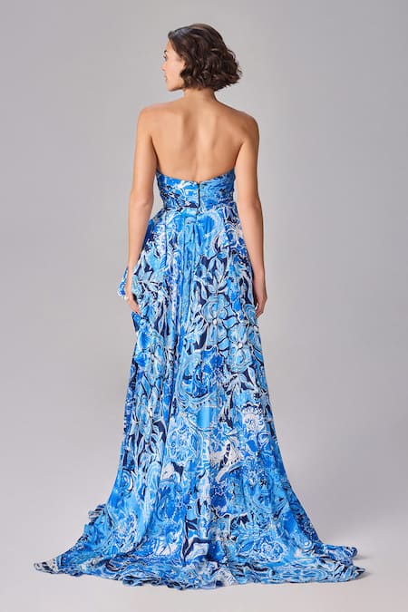 Shop Saaksha & Kinni Blue Chiffon, Silk Off-shoulder Abstract Floral Print Strapless Maxi Dress at Aza Fashions Shop_Saaksha & Kinni_Blue Chiffon, Silk Off-shoulder Abstract Floral Print Strapless Maxi Dress _at_Aza_Fashions