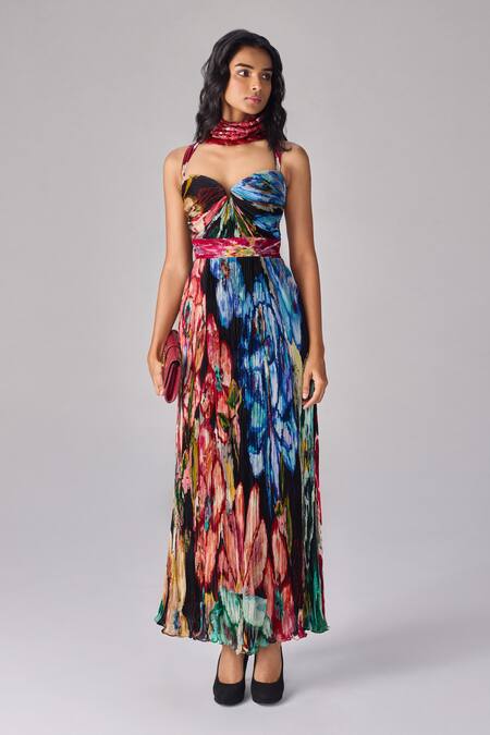 Saaksha & Kinni_Multi Color Chiffon Sweetheart Neck Floral Print Hand Pleat Maxi Dress _Online_at_Aza_Fashions
