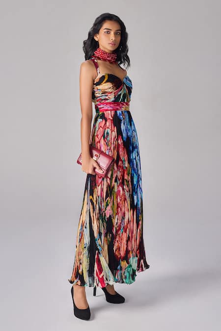 Buy_Saaksha & Kinni_Multi Color Chiffon Sweetheart Neck Floral Print Hand Pleat Maxi Dress _Online_at_Aza_Fashions