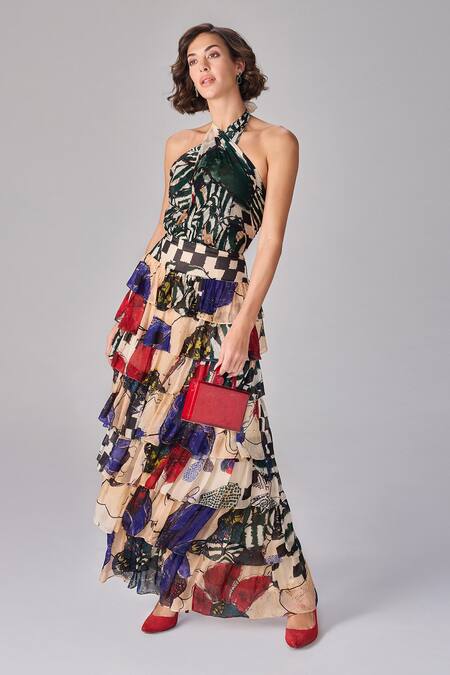 Saaksha & Kinni Multi Color Chiffon Halter Neck Floral Checkered Maxi Dress Online at Aza Fashions Saaksha & Kinni_Multi Color Chiffon Halter Neck Floral Checkered Maxi Dress _Online_at_Aza_Fashions